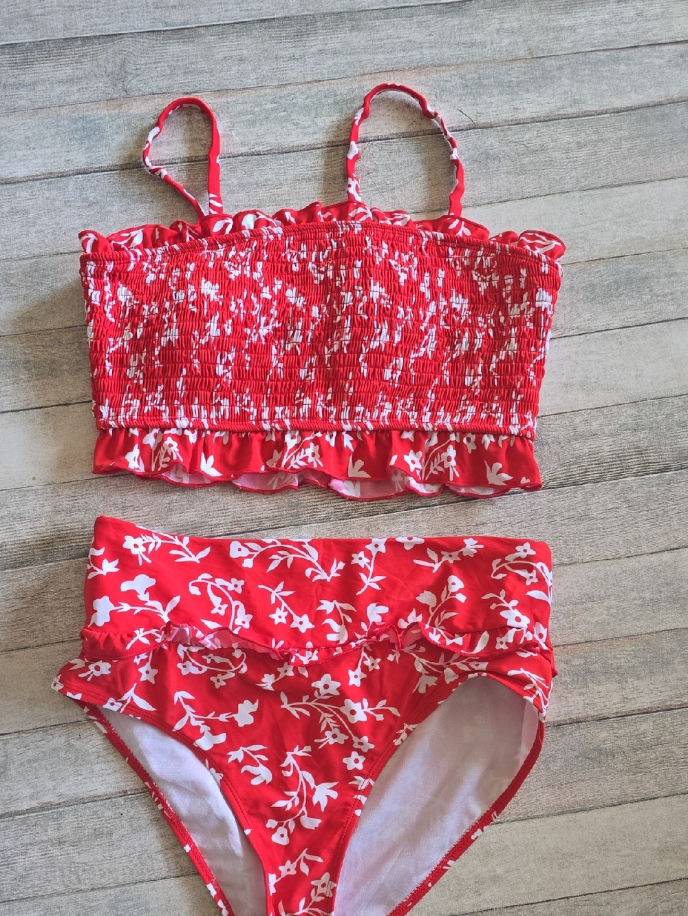 Red Floral Smocked Ruffle Bikini Set Size Medium